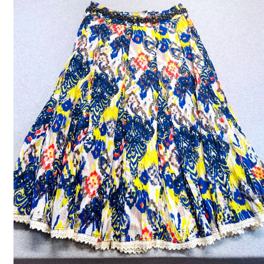 Multiples Womens Size 6 Cotton Midi Skirt Boho Ikat Print Lace Trim Beaded Belt